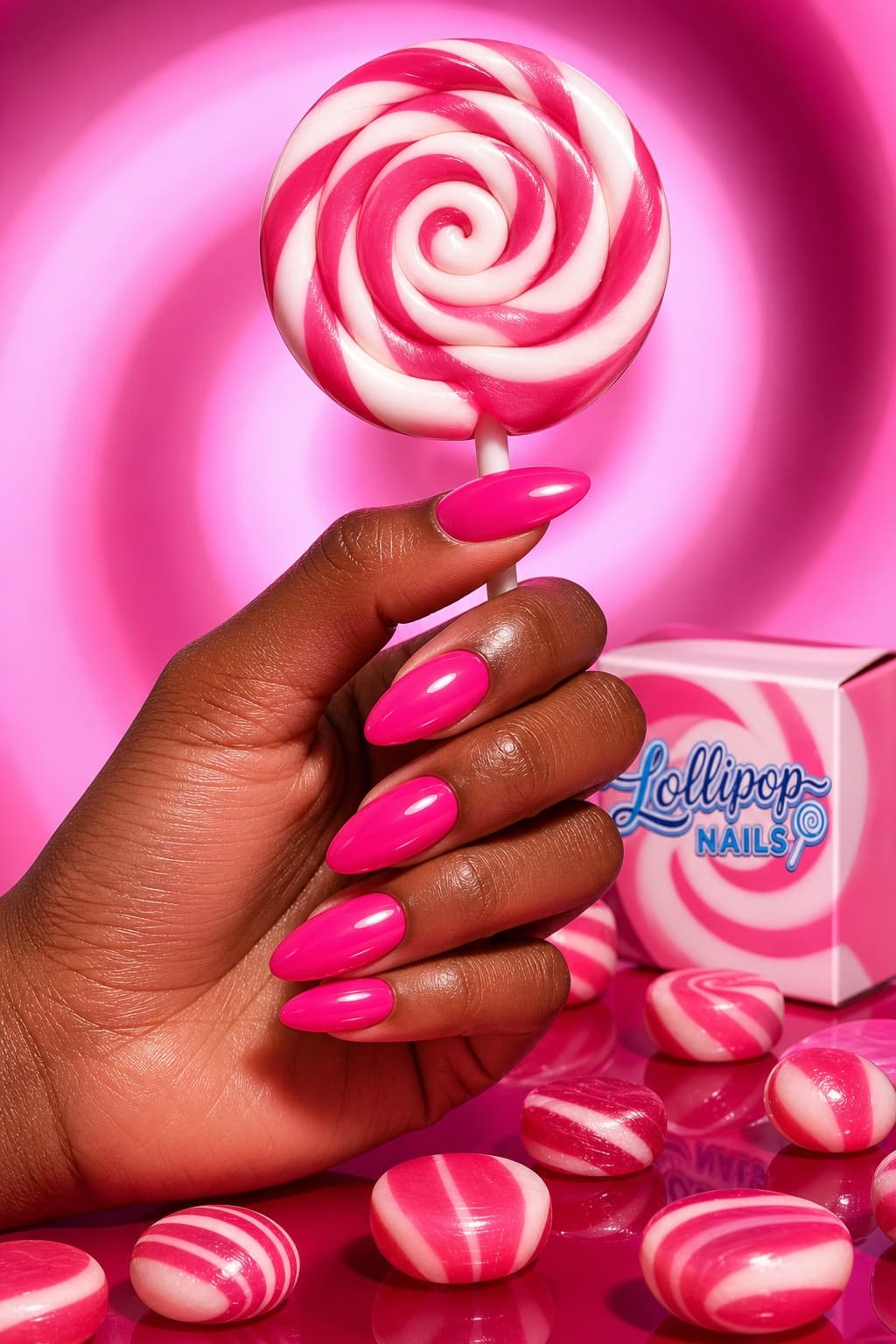 Sugar rush: Hot pink · spiral candy Lollipop Nails campaign