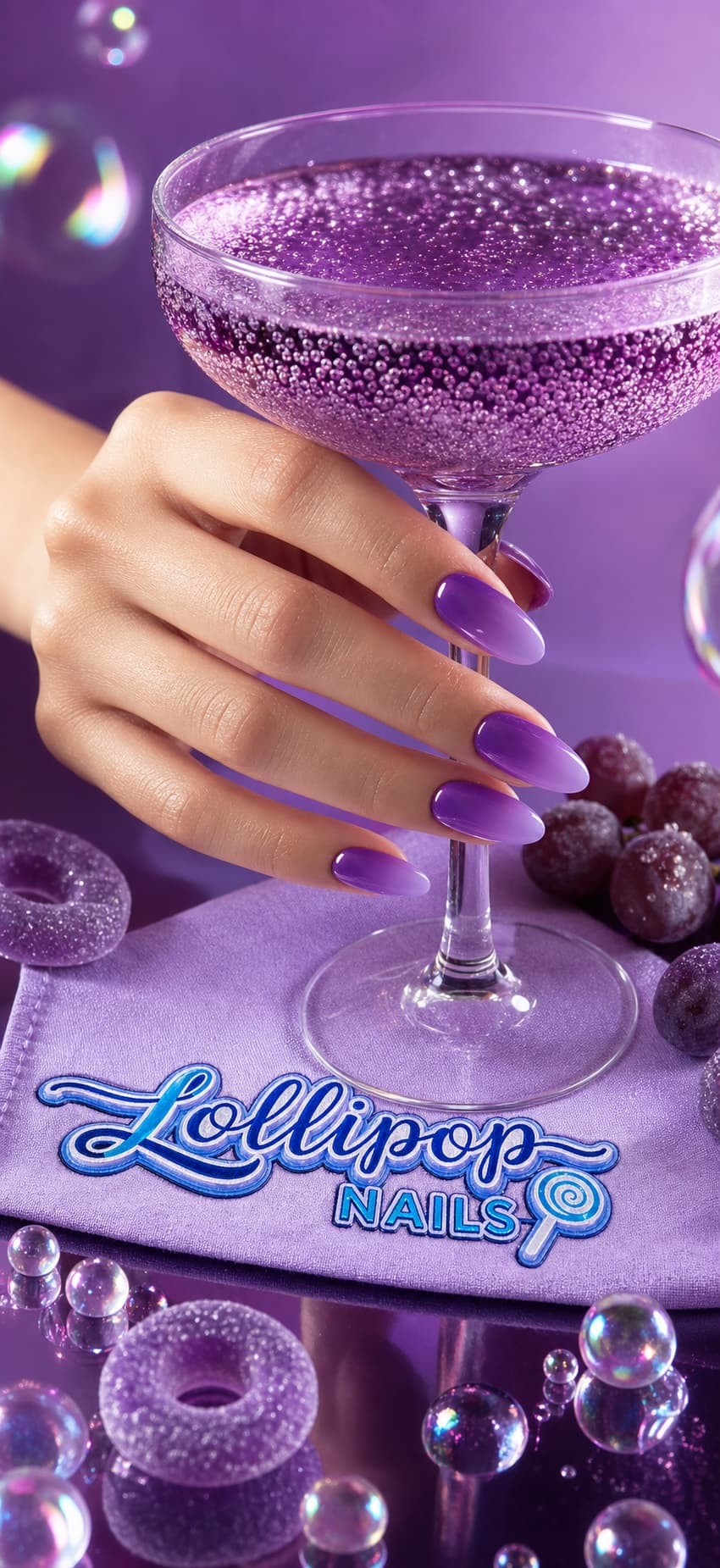 Grape glow: Violet · fizzy bubbles Lollipop Nails campaign