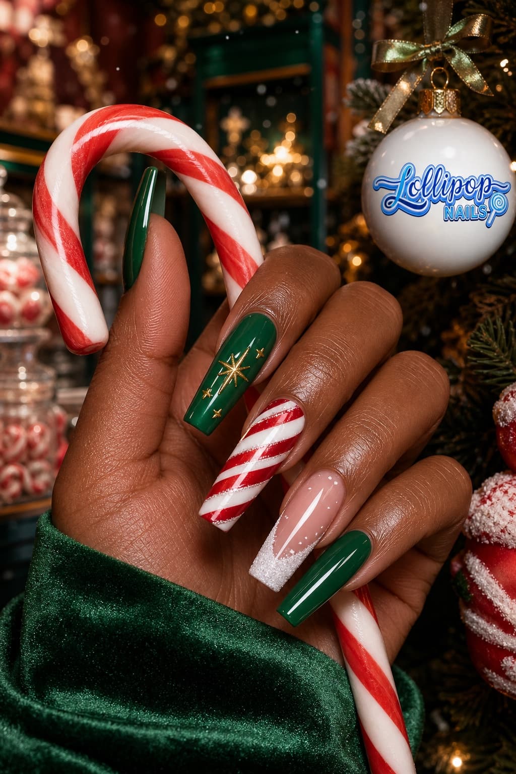 Christmas candy cane coffin nail art