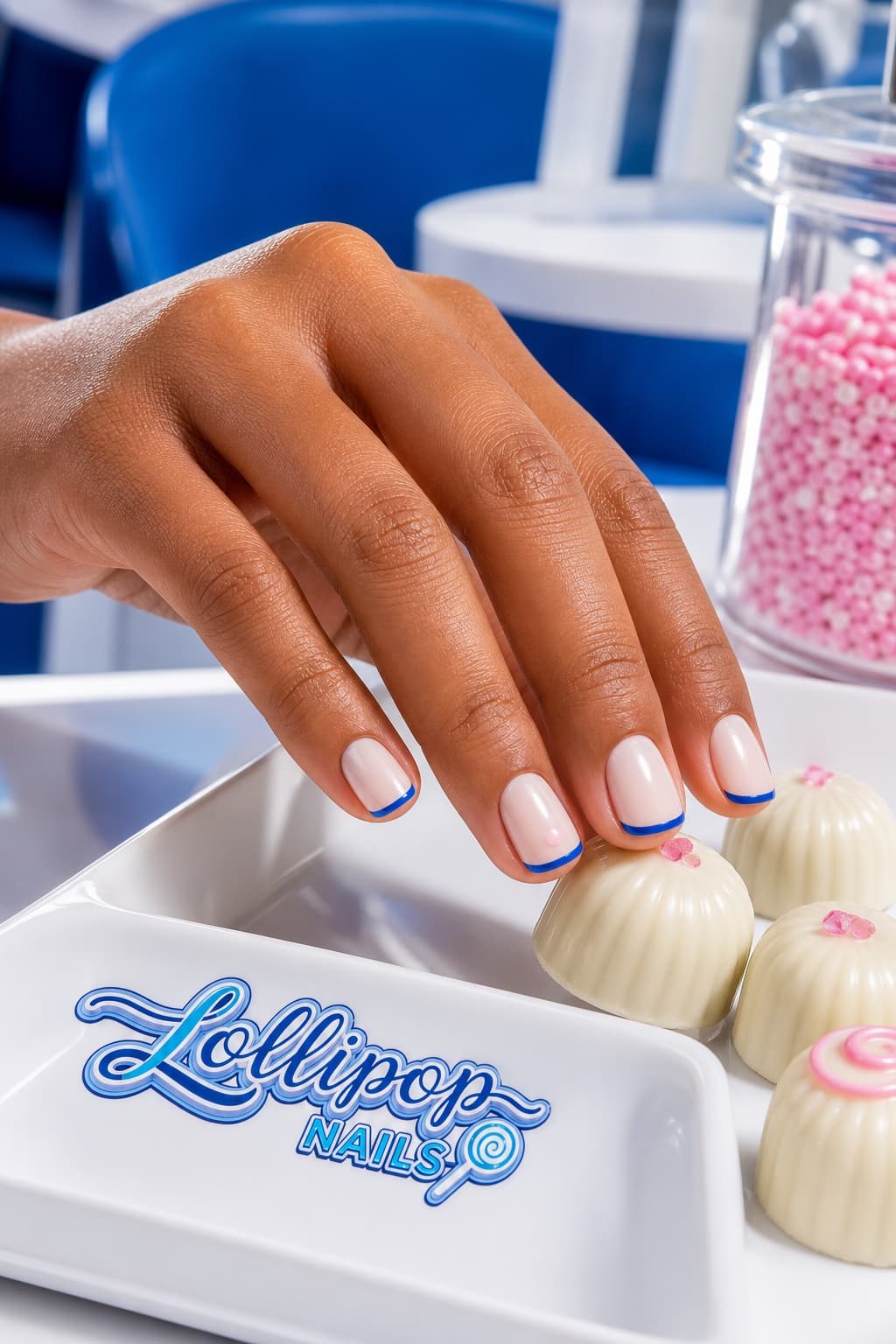 Blue Micro French squoval nail look