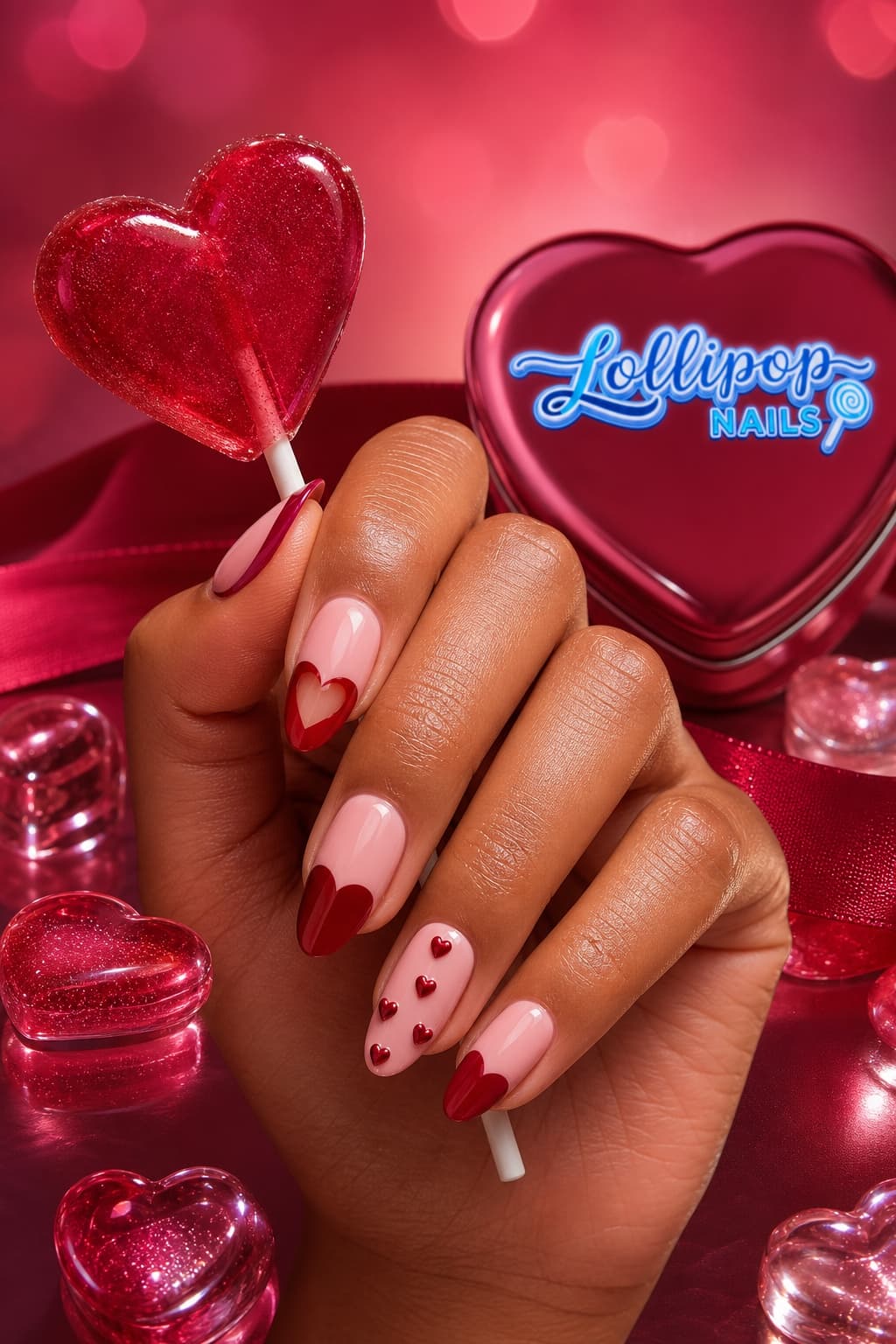 Valentine heart nail art holding a heart lollipop