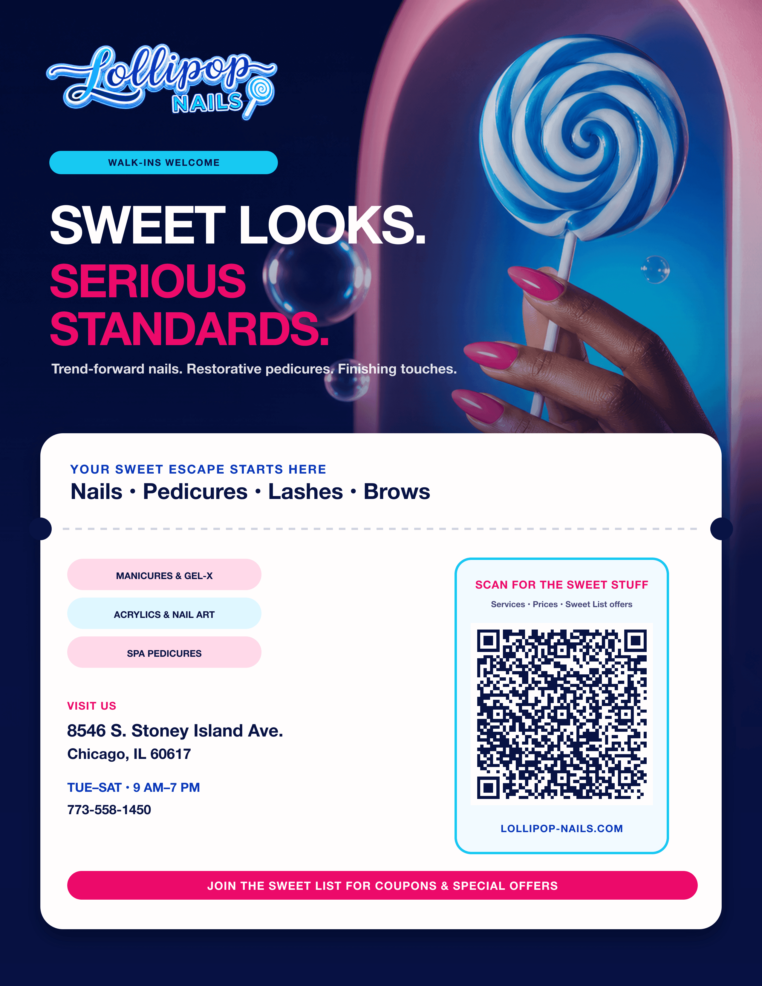 Lollipop Nails salon flyer with services, hours, address and website QR code